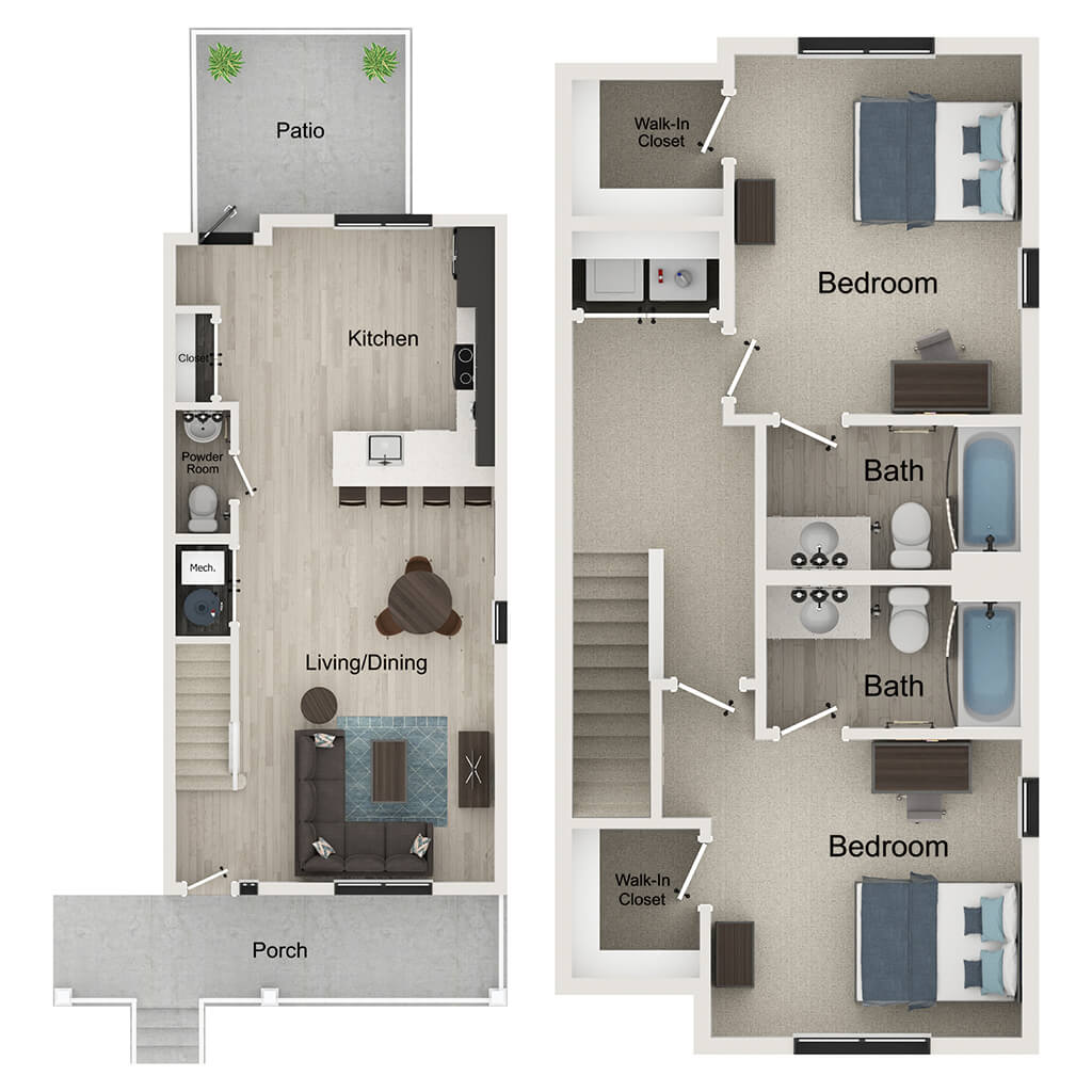 A 3D image of the 2BR/2.5BA – Hampton B – T1 floorplan, a 438 squarefoot, 2 bed / 2.5 bath unit