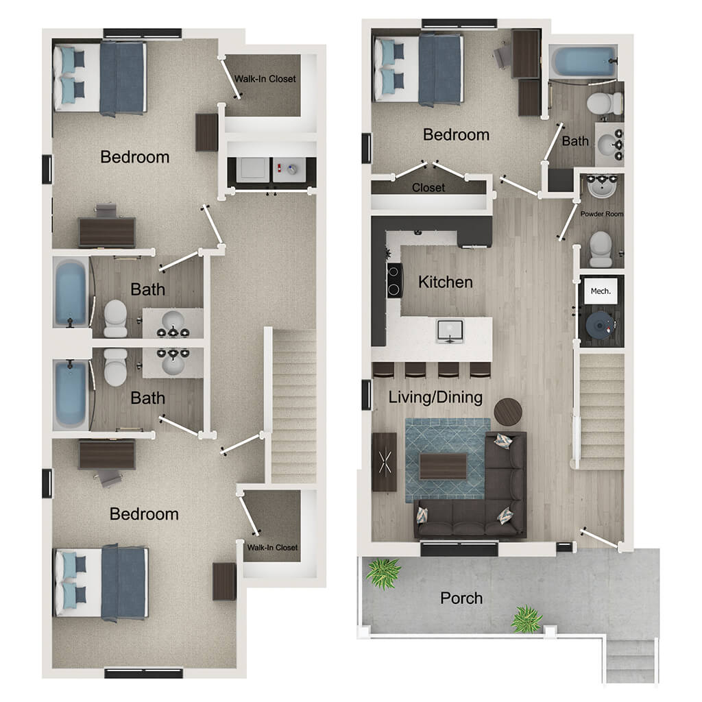 A 3D image of the 3BR/3.5BA – Hampton A – T1 floorplan, a 307 squarefoot, 3 bed / 3.5 bath unit