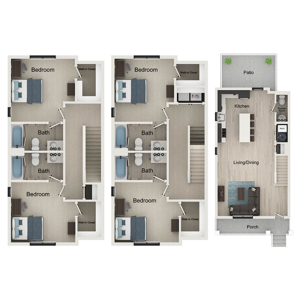 A 3D image of the 4BR/4.5BA – Sutherland A – T10 floorplan, a 529 squarefoot, 4 bed / 4.5 bath unit