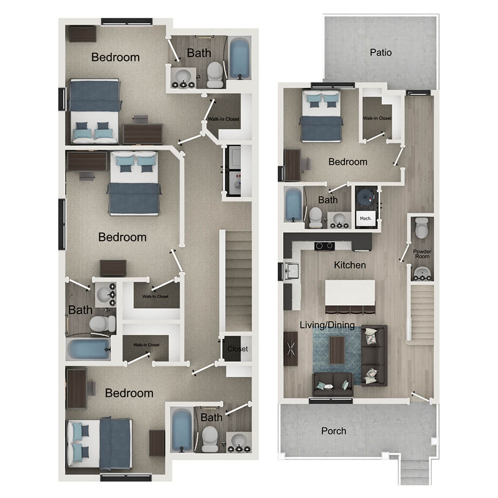 A 3D image of the 4BR/4.5BA – Campbell A – T12 floorplan, a 357 squarefoot, 4 bed / 4.5 bath unit