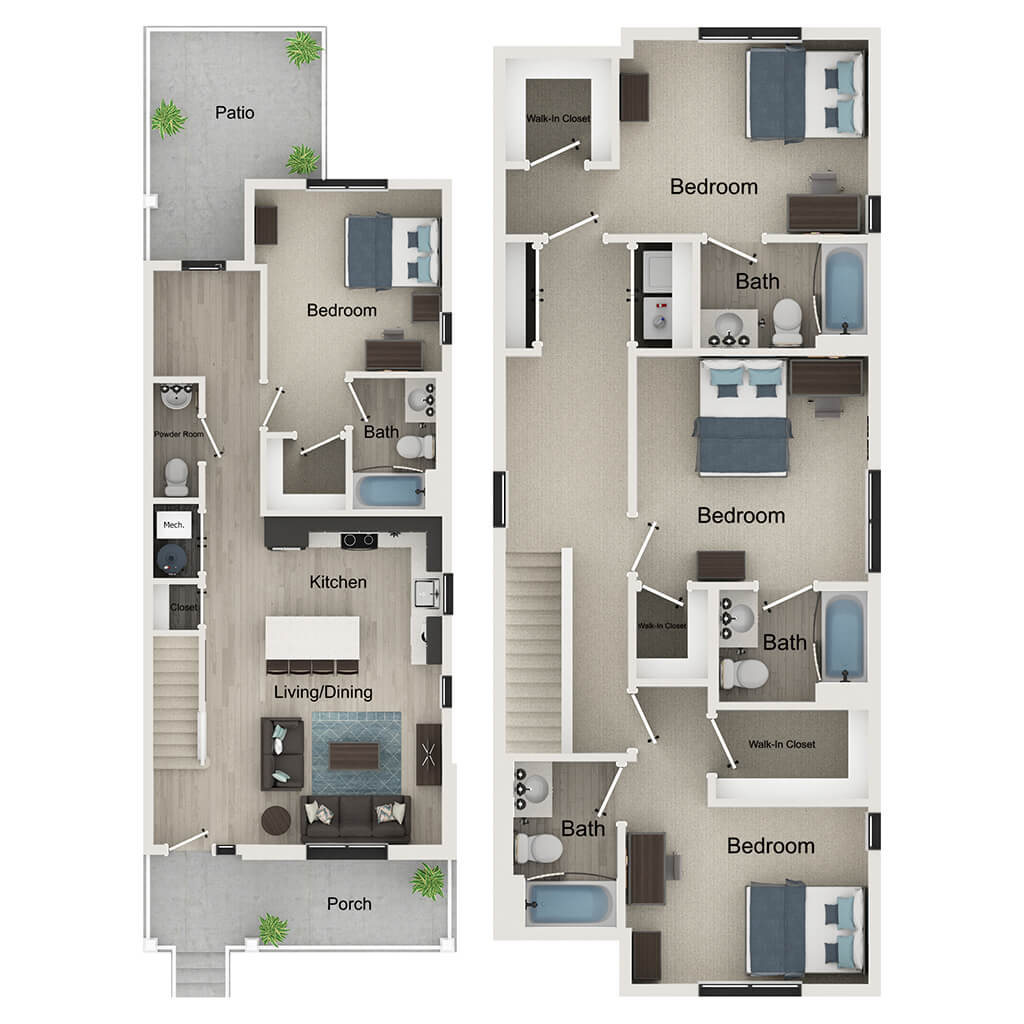 A 3D image of the 4BR/4.5BA – Heath – T4 floorplan, a 254 squarefoot, 4 bed / 4.5 bath unit