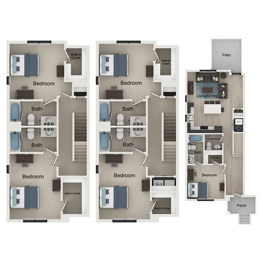 A 3D image of the 5BR/5.5BA – Whitaker – T9 floorplan, a 327 squarefoot, 5 bed / 5.5 bath unit